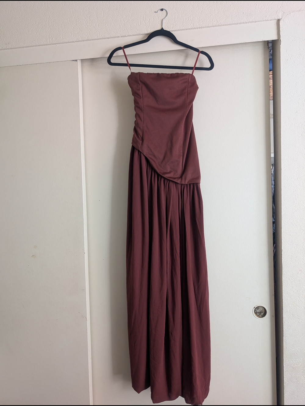 Strapless Asymmetric Bodice Maxi Dress - Brown